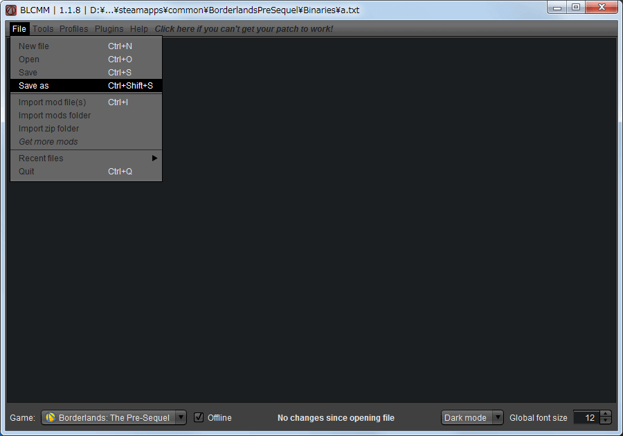 PC ゲーム Borderlands The Pre-Sequel ゲームプレイ最適化メモ、Unofficial Community Patch（UCP） 2.2 日本語 Mod インストール方法、Binaries フォルダに Borderlands Community Mod Manager（BLCMM） の BLCMM_Launcher.exe を、UCP 2.2 日本語 Mod ファイルの a.txt をインストール先に配置して BLCMM_Launcher.exe 実行、メニューから File → Open をクリック、インストール先 Binaries フォルダに配置した a.txt を開く、UCP 2.2 内容変更の有無にかかわらず File → Save as をクリック
