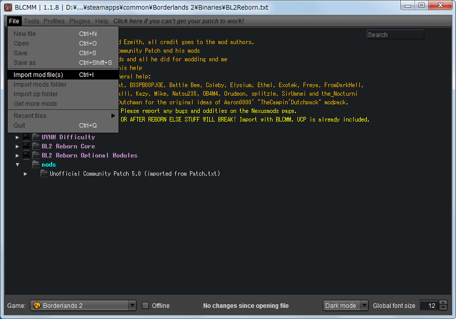 PC ゲーム Borderlands 2 GOTY ゲームプレイ最適化メモ、BL2 Reborn インストール方法、Borderlands Community Mod Manager（BLCMM） BLCMM_Launcher.exe 実行、メニューから File → Open からインストール先 Binaries フォルダに配置した BL2Reborn.txt を開いたら続けて、メニューから File → Import mod file(s) をクリック