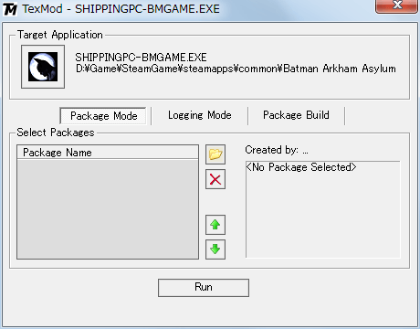 PC ゲーム Batman: Arkham Asylum GOTY Edition 日本語化とゲームプレイ最適化メモ、HD Texture Pack 導入方法、TexMod の使い方、同梱の Texmod.exe 起動して Target Application ボタンをクリック、Select Executable 画面でインストール先 Binaries フォルダにある ShippingPC-BmGame.exe を開く、Package Mode で画面中央にあるフォルダアイコンをクリック