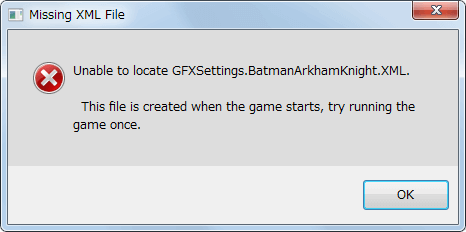 PC ゲーム Batman: Arkham Knight ゲームプレイ最適化メモ、パフォーマンス調整ツール Batman Tweak Tool 設定方法、Batman Tweak Tool - 基本機能、ゲームを一度も起動していない（%USERPROFILE%\Documents\WB Games\Batman Arkham Knight フォルダに設定ファイルがない）状態で Batman Tweak Tool を起動した際に表示されるエラーメッセージ