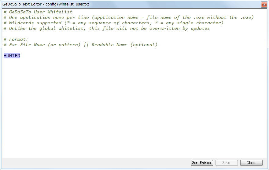 PC ゲーム Hunted: The Demon’s Forge 日本語化メモ、設定したゲーム内解像度が勝手に変更されずにゲーム画面をウィンドウモードで表示する方法、GeDoSaToTool.exe を起動して Whitelisting にある User Whitelist ボタンをクリック、ゲーム実行ファイル名の HUNTED を追記して save ボタンを押して保存、設定ファイル config\whitelist_user.txt から直接書き換えでも可