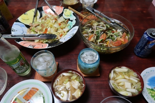 トーエイチキンの野菜炒め、岩下の新生姜と汁入りもずく酢、豆腐と長ネギと揚げとミョウガの味噌汁